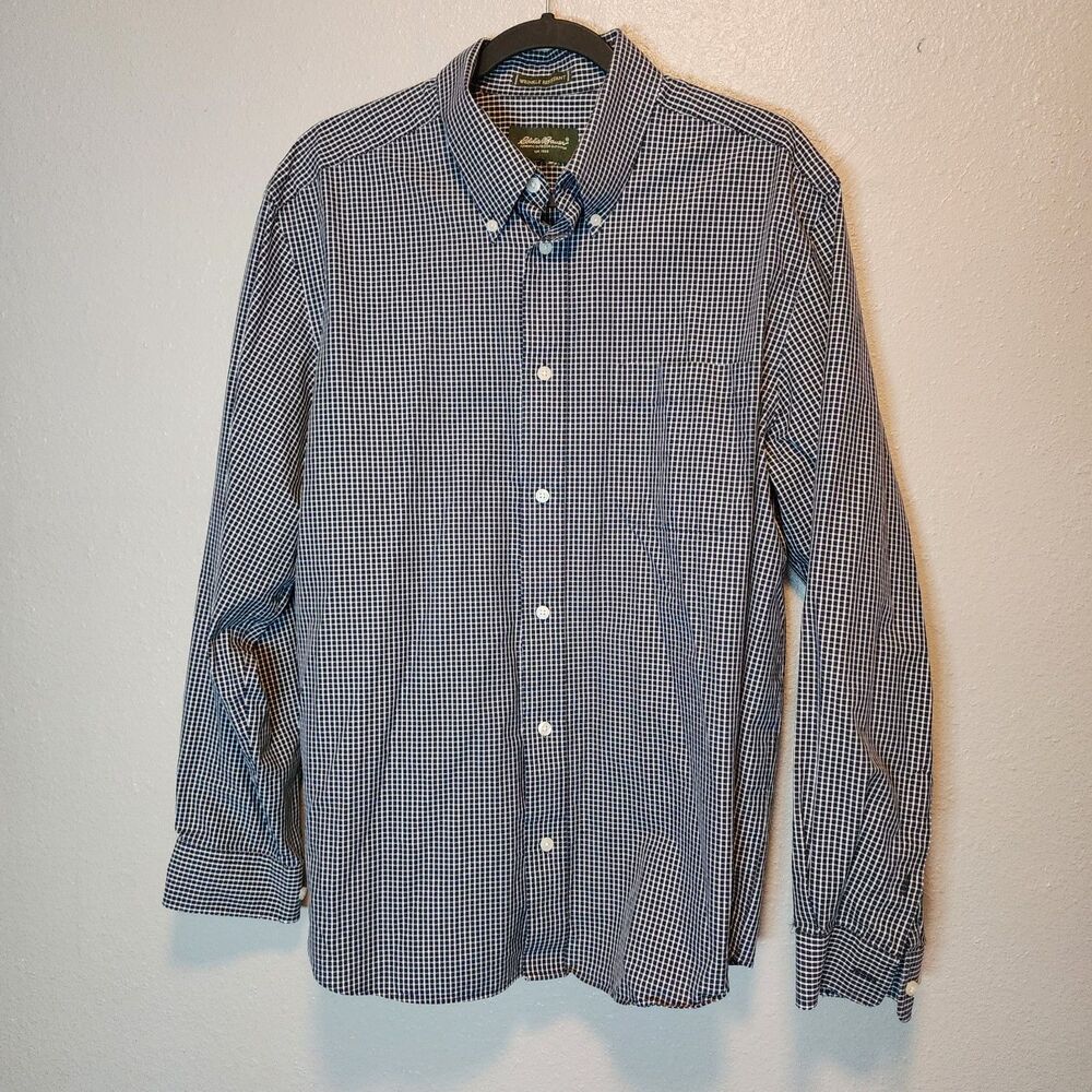 Eddie Bauer Mens Shirt Wrinkle Resistant Button Down Navy Blue White Check L/S